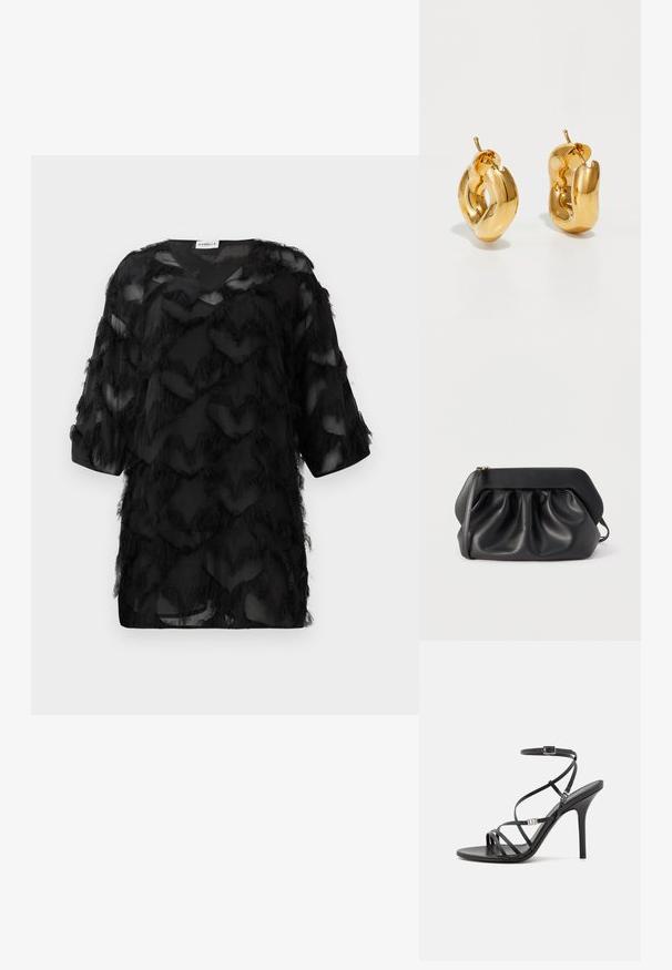 Sort gennemsigtig bluse med trekvartærmer, tekstureret zigzag-fringe mønster og V-halskrave, præsenteret mod en hvid baggrund.; Sort højhælet sandal med tynde stropper, en ankelspænde, en glat læderoverflade og en slank stilethæl.; Sort læderclutch med struktureret ramme, rynkedetaljer og en slank håndledsrem på hvid baggrund.; Chunky guld hoop øreringe med et let snoet, rørformet design og postsystem bagpå, på en hvid baggrund.