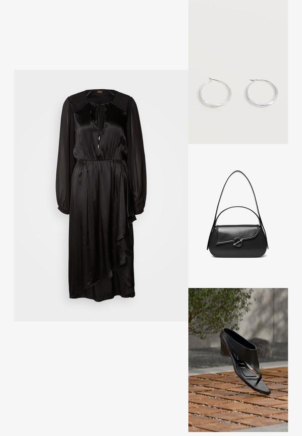 Schwarzes Satin-Kleid mit langen Ärmeln, rundem Ausschnitt und Bindedetail. Verfügt über eine geraffte Taille und einen asymmetrischen Saum mit Drapierung.; Schwarze High-Heeled Sandale mit Zehensteg, schwebend über einer gemusterten Holz- und Kiesaußenfläche mit verschwommenem Grün und Wand im Hintergrund.; Schwarze Lederschultertasche mit einer geschwungenen Klappe, die durch einen runden Metallverschluss gesichert ist, und einem schlanken, verstellbaren Riemen.; Silberne Metallcreolen mit glatter, leicht gebogener Oberfläche und Klappverschluss vor schlicht weißem Hintergrund.