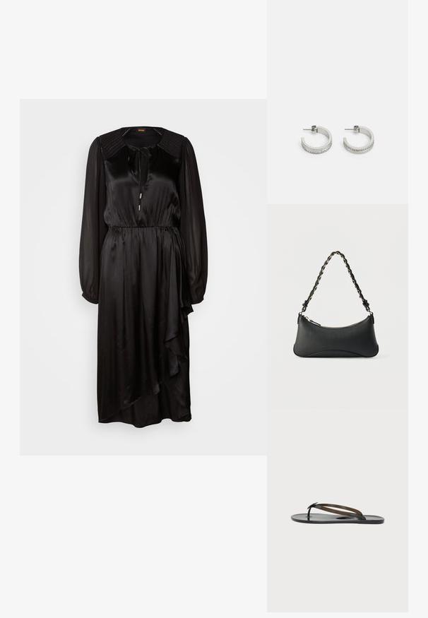 Schwarzes Satin-Kleid mit langen Ärmeln, rundem Ausschnitt und Bindedetail. Verfügt über eine geraffte Taille und einen asymmetrischen Saum mit Drapierung.; Schwarze glänzende flache Flip-Flop-Sandale mit dünnen Riemen, die über den Fuß kreuzen, und einem Zehensteg auf schlichtem hellem Hintergrund.; Schwarze Lederschultertasche mit gewölbter rechteckiger Form, goldener Kette, die in den geflochtenen schwarzen Riemen eingewebt ist, und Reißverschlussverschluss oben.; Silberne Creolen mit einer glatten Oberfläche und einer Reihe kleiner klarer Steine entlang der unteren Kante, mit einer Steckverschluss.