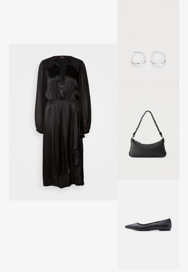Schwarzes Satin-Kleid mit langen Ärmeln, rundem Ausschnitt und Bindedetail. Verfügt über eine geraffte Taille und einen asymmetrischen Saum mit Drapierung.; Schwarzer flacher Lederschuh mit spitzer Kappe und niedrigem Absatz, seitlich vor weißem Hintergrund gezeigt.; Schwarze Lederschultertasche mit gewölbter rechteckiger Form, goldener Kette, die in den geflochtenen schwarzen Riemen eingewebt ist, und Reißverschlussverschluss oben.; Silberne Creolen mit glänzender Oberfläche und DKNY-Logo, vor einem schlichten weißen Hintergrund präsentiert.
