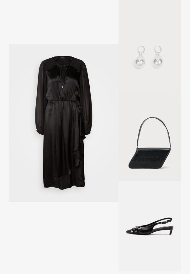 Schwarzes Satin-Kleid mit langen Ärmeln, rundem Ausschnitt und Bindedetail. Verfügt über eine geraffte Taille und einen asymmetrischen Saum mit Drapierung.; Schwarzer Lederslingback mit spitzer Spitze, drei silbernen Schnallen vorne und niedrigem Kittenabsatz auf weißem Hintergrund.; Schwarze Leder-Umhängetasche mit dreieckiger Form, geprägt mit Logo und einem einzigen verstellbaren Riemen. Minimalistisches Design mit glatter Textur.; Silberne Tropfenohrringe mit glatten, runden, reflektierenden Oberflächen, die an Hakenverschlüssen hängen. Der Hintergrund ist reinweiß.