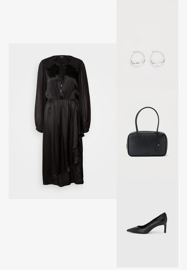Schwarzes Satin-Kleid mit langen Ärmeln, rundem Ausschnitt und Bindedetail. Verfügt über eine geraffte Taille und einen asymmetrischen Saum mit Drapierung.; Schwarzer, spitz zulaufender High-Heel-Pumps aus Leder mit einem schlanken, mittelhohen Absatz auf einem schlichten hellgrauen Hintergrund.; Schwarze rechteckige Handtasche mit doppelten, abgerundeten Griffen, goldfarbenem Reißverschluss und geprägtem „HUGO“-Logo auf der Vorderseite sowie angebrachtem Lederanhänger.; Silberne Creolen mit glänzender Oberfläche und DKNY-Logo, vor einem schlichten weißen Hintergrund präsentiert.