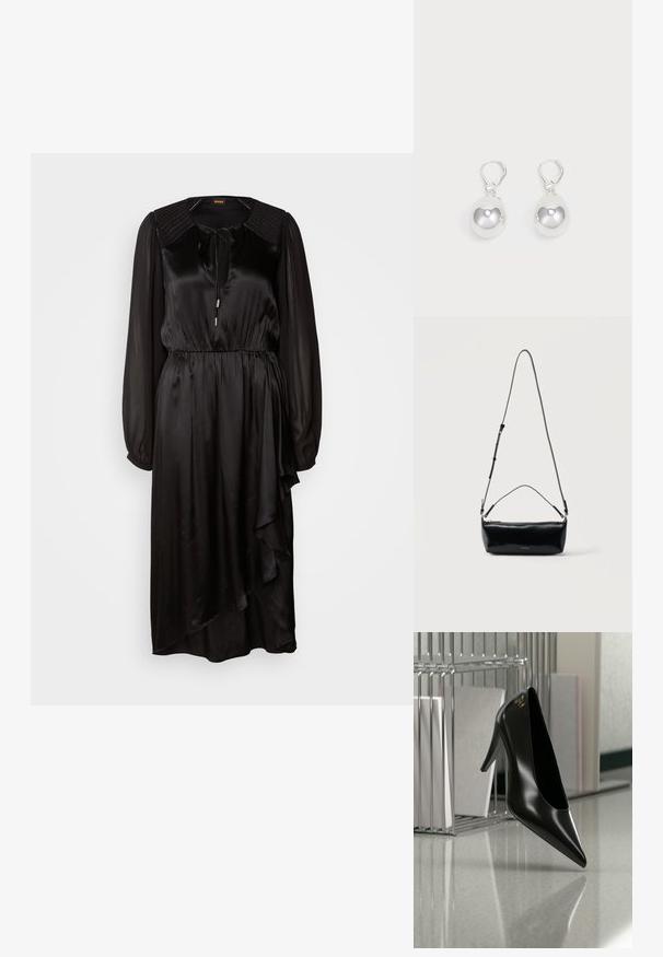 Robe en satin noir avec des manches longues, un col rond et un détail à nouer. Présente une taille froncée et un ourlet asymétrique avec drapés.; Chaussure noire à talon haut avec bout pointu et logo doré, posée sur une surface réfléchissante près d'un organiseur de dossiers en fil chromé contenant des documents.; Sac bandoulière rectangulaire en cuir noir avec bandoulière ajustable, fermeture éclair sur le dessus et petit logo Calvin Klein doré sur le devant.; Boucles d'oreilles en argent en forme de goutte avec des surfaces lisses, rondes et réfléchissantes, suspendues à des fermoirs à ressort. L'arrière-plan est blanc uni.