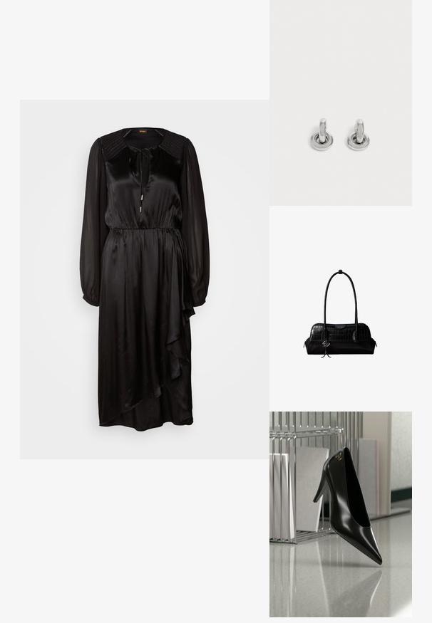Schwarzes Satin-Kleid mit langen Ärmeln, rundem Ausschnitt und Bindedetail. Verfügt über eine geraffte Taille und einen asymmetrischen Saum mit Drapierung.; Schwarzer High-Heel-Schuh mit spitzer Zehe und goldem Logo, auf einer reflektierenden Oberfläche nahe einem verchromten Draht-Organizer mit Dokumenten positioniert.; Schwarze Umhängetasche aus krokodilstrukturiertem Leder mit langen Riemen und einem kleinen silbernen Logocharm an einem Riemen.; Paar kleine, glänzende silberne Creolen mit rundem Sockel, auf einfachem hellem Hintergrund präsentiert.