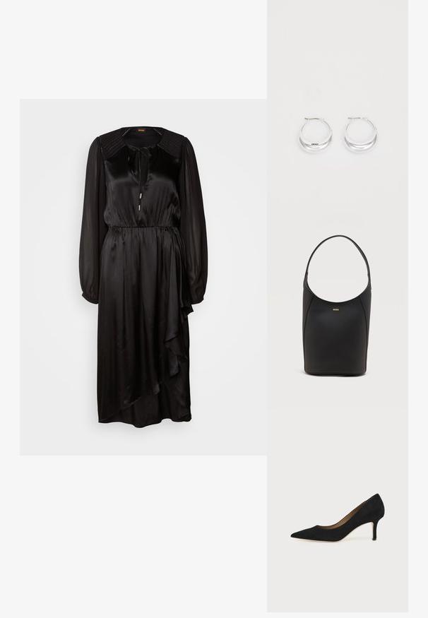 Schwarzes Satin-Kleid mit langen Ärmeln, rundem Ausschnitt und Bindedetail. Verfügt über eine geraffte Taille und einen asymmetrischen Saum mit Drapierung.; Schwarzer Wildleder-Pumps mit spitzer Schuhspitze, schlankem mittelhohem Stiletto-Absatz und tiefem Ausschnitt auf einfachem Hintergrund.; Schwarze Leder-Bucket-Bag mit einem einzelnen Schulterriemen und kleinem goldfarbenem BOSS-Logo, zentriert nahe der oberen Vorderseite.; Silberne Creolen mit glänzender Oberfläche und DKNY-Logo, vor einem schlichten weißen Hintergrund präsentiert.