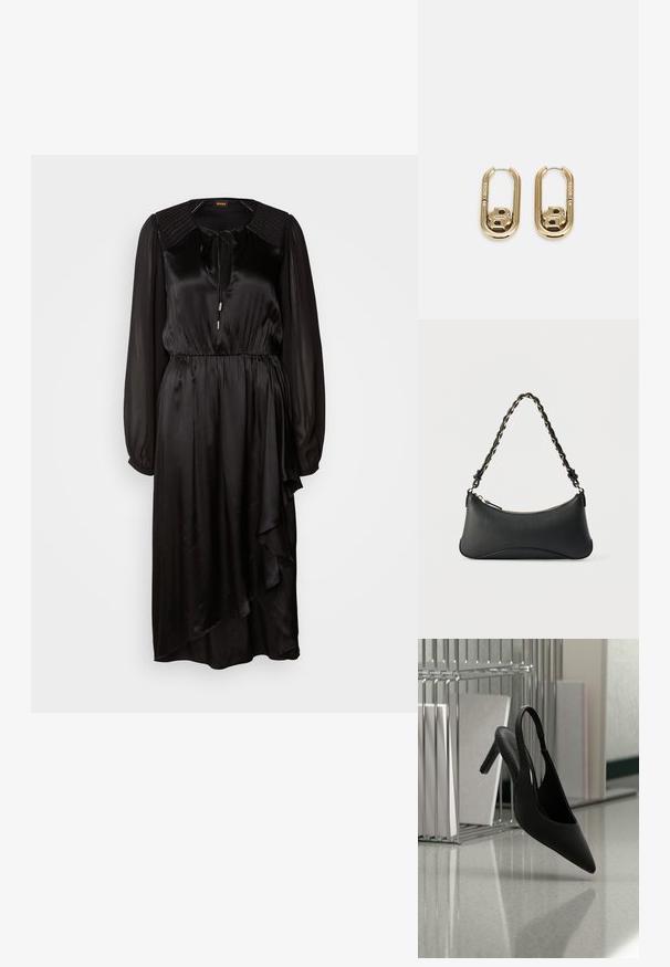 Schwarzes Satin-Kleid mit langen Ärmeln, rundem Ausschnitt und Bindedetail. Verfügt über eine geraffte Taille und einen asymmetrischen Saum mit Drapierung.; Schwarzer, spitz zulaufender Slingback-Pumps mit hohem Absatz, schwebt in der Luft über einem glänzenden Boden, im Hintergrund gestapelte Ordner.; Schwarze Lederschultertasche mit gewölbter rechteckiger Form, goldener Kette, die in den geflochtenen schwarzen Riemen eingewebt ist, und Reißverschlussverschluss oben.; BOSS DOUBLE B SWING - Ohrringe - gold-coloured