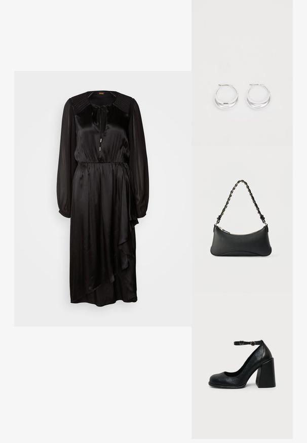 Vestido de satén negro con mangas largas, un escote redondo y un detalle de lazo. Presenta una cintura fruncida y un dobladillo asimétrico con drapeado.; Zapato negro de cuero con tacón alto, punta redondeada y correa ajustable en el tobillo con hebilla dorada sobre fondo liso claro.; Bolso de hombro de cuero negro con forma rectangular curvada, cadena dorada entrelazada en una correa negra trenzada y cierre superior con cremallera.; Pendientes de aro de plata con un acabado pulido y la marca DKNY, exhibidos sobre un fondo blanco liso.