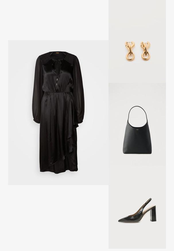 Vestido de satén negro con mangas largas, un escote redondo y un detalle de lazo. Presenta una cintura fruncida y un dobladillo asimétrico con drapeado.; Zapato slingback de piel negra con puntera puntiaguda, tacón alto y ancho, y forro interior beige sobre un fondo claro y liso.; Bolso de mano de cuero negro con un asa curva única, textura suave y un logo sutil en la parte frontal. Diseño minimalista e interior espacioso.; Par de pendientes de aro con acabado dorado brillante sobre fondo blanco liso, con diseño entrelazado y torsionado.