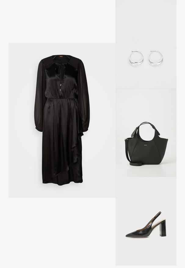 Vestido de satén negro con mangas largas, un escote redondo y un detalle de lazo. Presenta una cintura fruncida y un dobladillo asimétrico con drapeado.; Zapato slingback de piel negra con puntera puntiaguda, tacón alto y ancho, y forro interior beige sobre un fondo claro y liso.; Bolso de mano de piel negra con superficie texturizada, diseño curvado, asas dobles y una correa desmontable. Presenta un logotipo de la marca en la parte frontal.; Pendientes de aro de plata con un acabado pulido y la marca DKNY, exhibidos sobre un fondo blanco liso.