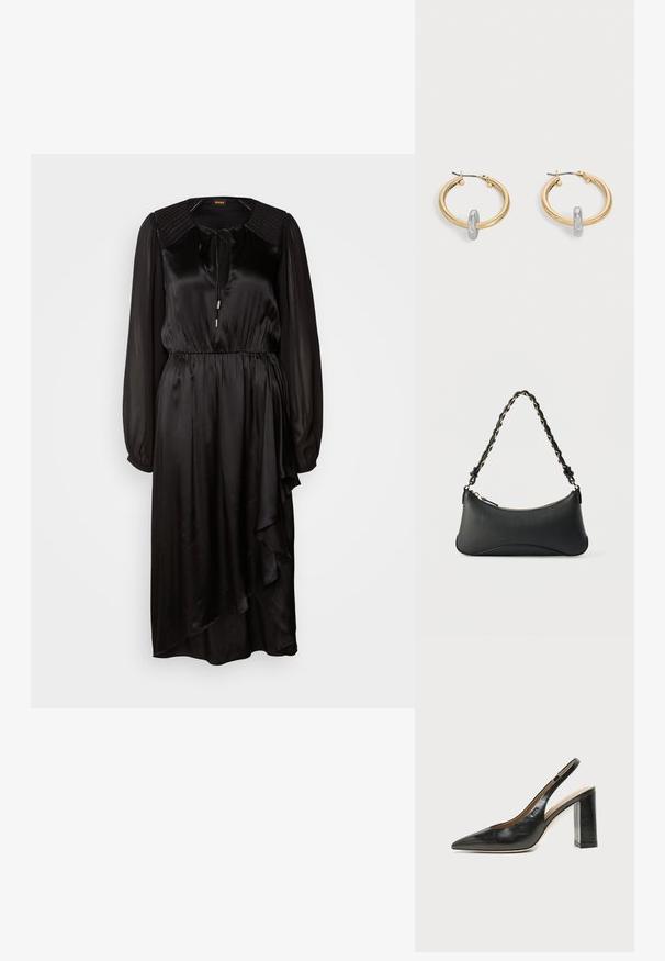 Schwarzes Satin-Kleid mit langen Ärmeln, rundem Ausschnitt und Bindedetail. Verfügt über eine geraffte Taille und einen asymmetrischen Saum mit Drapierung.; Schwarzer Leder-Slingback-Schuh mit spitzer Kappe, hohem Blockabsatz und beigegefüttertem Innenraum vor hellem, einfarbigem Hintergrund.; Schwarze Lederschultertasche mit gewölbter rechteckiger Form, goldener Kette, die in den geflochtenen schwarzen Riemen eingewebt ist, und Reißverschlussverschluss oben.; Paar goldfarbene Creolen mit kleinem silberfarbenem Schlaufen-Detail an jeder, vor hellem grauem Hintergrund präsentiert.