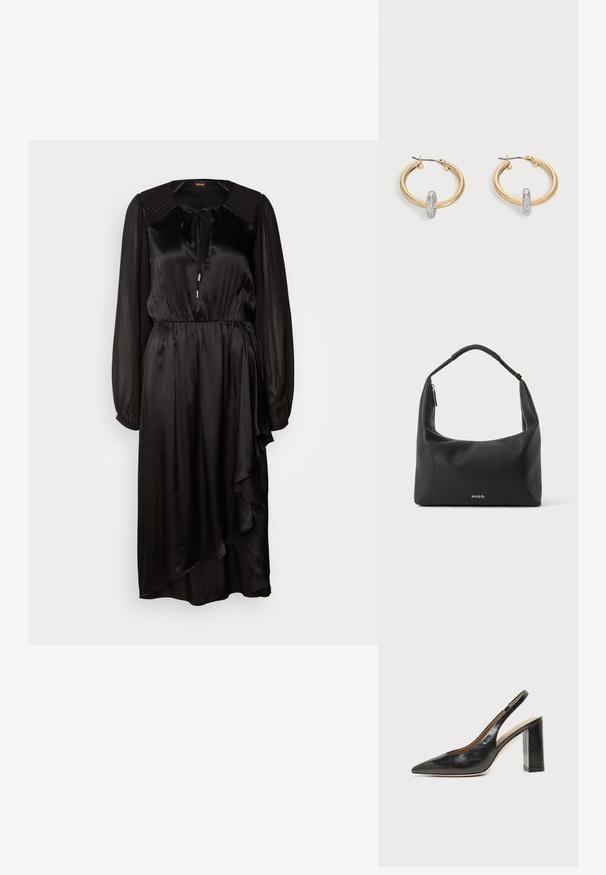 Vestido de satén negro con mangas largas, un escote redondo y un detalle de lazo. Presenta una cintura fruncida y un dobladillo asimétrico con drapeado.; Zapato slingback de piel negra con puntera puntiaguda, tacón alto y ancho, y forro interior beige sobre un fondo claro y liso.; Bolso de hombro de cuero negro con asa trenzada, detalle de cremallera dorada y pequeño logo "HUGO" dorado en el centro frontal.; Par de pendientes de aro en tono dorado con pequeño detalle de aro en tono plateado en cada uno, expuestos sobre un fondo gris claro.