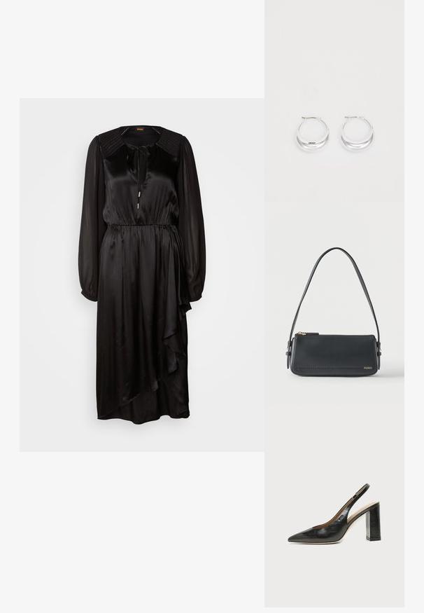 Robe en satin noir avec des manches longues, un col rond et un détail à nouer. Présente une taille froncée et un ourlet asymétrique avec drapés.; Chaussure slingback en cuir noir à bout pointu avec un talon bloc haut et une doublure intérieure beige sur un fond clair uni.; Sac à bandoulière rectangulaire en cuir noir avec fermeture éclair dorée et petit logo "HUGO" doré sur le devant, doté d'une sangle réglable avec boucle.; Boucles d'oreilles en argent avec une finition polie et un branding DKNY, présentées sur un fond blanc uni.