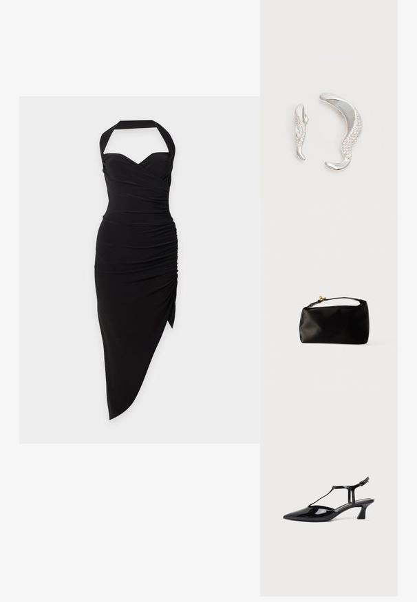 Vestido negro de cuello halter con escote corazón, lateral fruncido y bajo asimétrico sobre un fondo liso claro.; Zapato slingback de cuero charol negro con punta fina, tira en T y tacón bajo en bloque inclinado sobre fondo blanco.; Bolsa de terciopelo negro con forma redondeada, un asa superior y un cierre de acento dorado. Textura suave con un diseño minimalista.; Dos pendientes de plata curvados, uno más grande que el otro, ambos adornados con pequeños cristales brillantes a lo largo de un borde.
