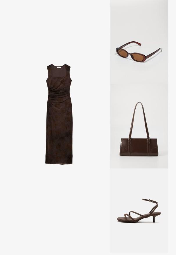 Robe midi ajustée sans manches de couleur brun foncé avec un motif floral subtil et un détail froncé sur un côté, décolleté carré et ourlet droit.; Sandale marron à talons hauts avec fines lanières croisées et bride de cheville avec boucle argentée sur fond blanc.; Lunettes de soleil rondes teinte brun avec une monture bordeaux brillante. Branches fines avec un détail de marque subtil. Design de verres plats.; Sac à main en cuir verni marron de forme rectangulaire, avec deux longues poignées et des accents courbés subtils à l'avant.