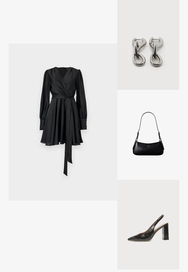 Robe noire à manches longues, en satin doux, avec corsage ajusté, jupe évasée et une ceinture assortie. Détails en boutons sur les poignets.; Chaussure slingback en cuir noir à bout pointu avec un talon bloc haut et une doublure intérieure beige sur un fond clair uni.; Mini sac à bandoulière en cuir noir avec une fine bandoulière et un petit logo CK doré au centre avant.; Paire de boucles d'oreilles en métal argenté avec un motif abstrait d'anneaux entrelacés sur fond blanc.