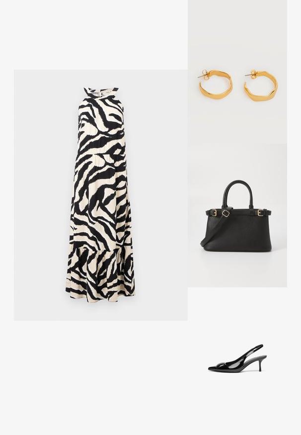 Lang halterneck kjole i let stof med et sort og cream zebra stribemønster og en lagdelt flæse-ende.; Sorte laklæder slingback hæle med spidse tæer og en blank finish. Har en slank hæl og en rund detalje ved vampen.; Call it Spring Håndtasker - black; Par af uregelmæssigt formede, polerede guldringeøreringe med stiftbagstykker på en ens hvid baggrund.