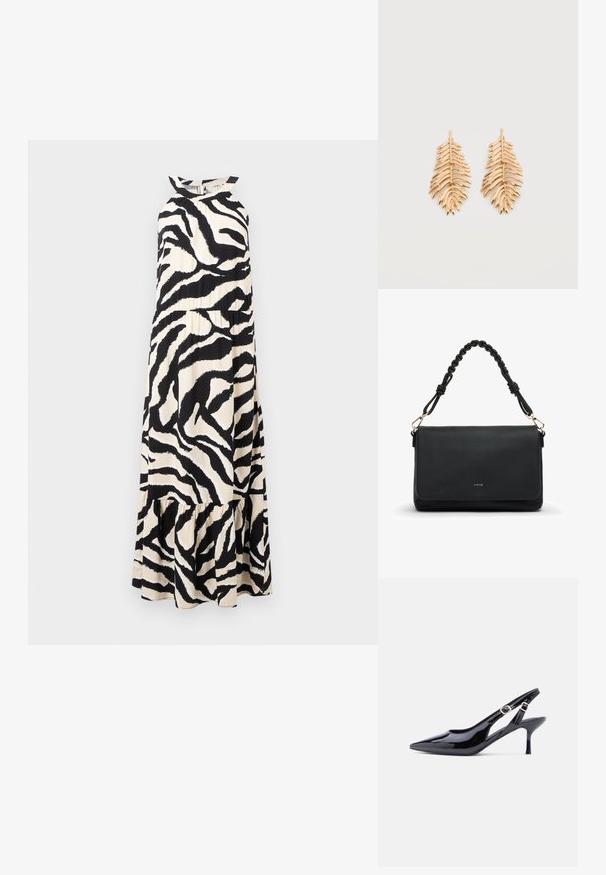 Lange halternek jurk van lichtgewicht stof met een zwart en crèmekleurig zebra-strip patroon en een tiered rucheszoom.; Zwart laklederen slingback-schoen met een puntige neus, verstelbare gesp en een slanke, hoge hak. Voorzien van een open zijkant ontwerp.; Zwarte leren schoudertas met gevlochten handvat en gouden gespen, sluiting met flap aan de voorkant, en klein gouden "MIRIADE"-logo.; Een paar oorbellen van goudkleurig metaal in de vorm van gestileerde varenbladeren met gedetailleerde geribbelde textuur, gepresenteerd op een effen witte achtergrond.