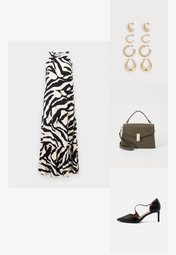 Lange halternek jurk van lichtgewicht stof met een zwart en crèmekleurig zebra-strip patroon en een tiered rucheszoom.; Zwarte leren pumps met een puntige neus, een smalle enkelband en een midhoge stilettohak op een witte achtergrond.; Kleine olijfgroene handtas met een gestructureerd ontwerp, voorzien van een bovenhandvat, een afneembare schouderriem en een gouden sluiting aan de voorkant.; Set van vijf gouden oorbellen met verschillende ontwerpen: gedraaide, gegroefde en gladde oppervlakken in ring- en halve maanshapes.