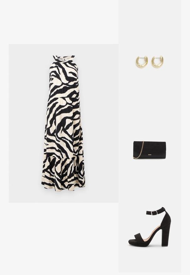 Langes Neckholderkleid aus leichtem Stoff mit einem schwarz-weißen Zebramuster und einem gestuften Rüschensaum.; Anna Field by Zalando Riemensandalette - black; Schwarze Clutch aus Wildleder mit strukturierter Oberfläche, ausgestattet mit einem goldenen Kettenriemen und einem eleganten, kantigen Design.; Goldfarbene Creolen mit einer glatten, polierten Oberfläche. Sie haben eine halbkreisförmige Form und einen sicheren Stiftverschluss.