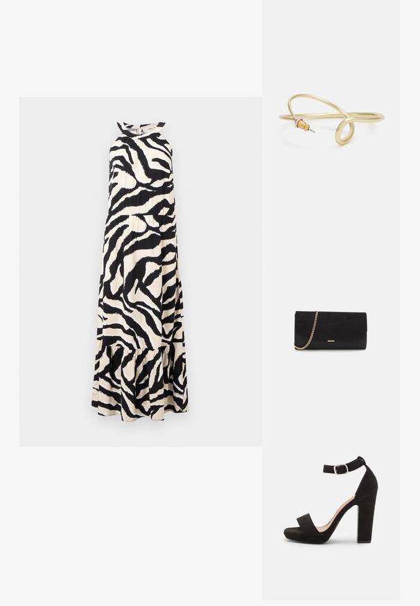 Lang halterneck kjole i let stof med et sort og cream zebra stribemønster og en lagdelt flæse-ende.; Anna Field by Zalando Sandaler - black; Sort clutch taske lavet af ruskind med en struktureret overflade, udstyret med en guld kædestrop og et elegant, kantet design.; Guldfarvet metalarmbånd med flydende, kurvet design. Har en lille, fremtrædende sølvfarvet accent i den ene ende.
