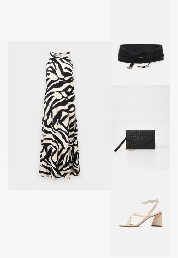 Lang halterneck kjole i let stof med et sort og cream zebra stribemønster og en lagdelt flæse-ende.; Beige åben tå sandal med blokhæl, krydsede remme og justerbar ankelrem med sølvspænde.; Sort vævet pung med klaplukning og en kæde i guld. Har en tekstureret overflade og et minimalistisk design.; Sort ruskindebælte med et bredt design, der har en bundet knude og guld-accenterede ender. Glat overflade med en let glans.