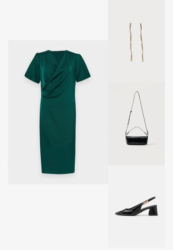 Robe teal à longueur genou avec un design en portefeuille, manches courtes bouffantes et texture lisse. Dispose d'un décolleté en V profond et de fronces à la taille.; Bottines à talon en vernis noir avec un bout pointu et des accessoires dorés sur la bride, dotées d'un talon bloc. Texture lisse.; Sac bandoulière rectangulaire en cuir noir avec bandoulière ajustable, fermeture éclair sur le dessus et petit logo Calvin Klein doré sur le devant.; Longues boucles d'oreilles en or composées de quatre barres incurvées allongées reliées entre elles sur fond blanc.