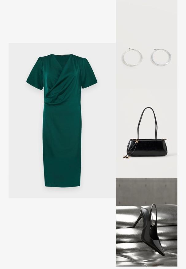 Robe teal à longueur genou avec un design en portefeuille, manches courtes bouffantes et texture lisse. Dispose d'un décolleté en V profond et de fronces à la taille.; Chaussure à talon haut à bride arrière noire brillante, équilibrée sur une surface métallique argentée brillante et rembourrée, à texture lisse.; Sac à main rectangulaire noir avec deux longues bandoulières, détail anneau doré et fermeture éclair sur un fond clair uni.; Boucles d’oreilles créoles en métal argenté avec une surface lisse légèrement incurvée et des fermoirs à clapet sur un fond blanc uni.