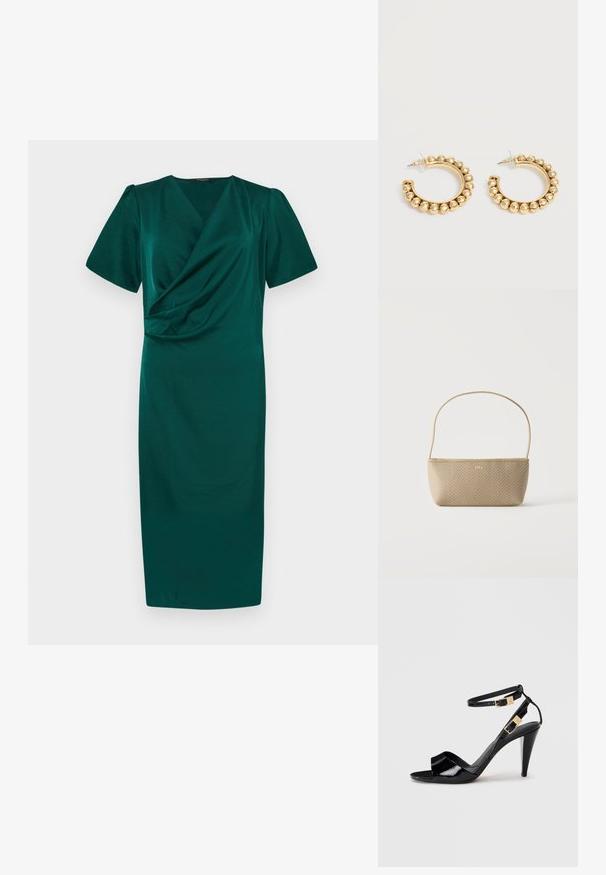 Robe teal à longueur genou avec un design en portefeuille, manches courtes bouffantes et texture lisse. Dispose d'un décolleté en V profond et de fronces à la taille.; Sandale à talon haut en cuir verni noir avec double bride de cheville et boucles dorées, bout ouvert, et talon effilé sur fond neutre.; Sac à main tissé beige avec fine bandoulière et petit logo doré "BOSS" à l'avant, présenté sur fond blanc uni.; Paire de boucles d’oreilles créoles dorées avec des détails de perles arrondies le long du bord extérieur sur un fond clair.
