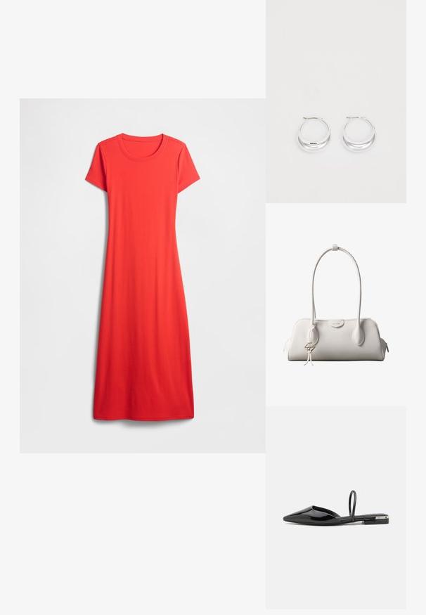 Rød, kortærmet, knælængde kjole lavet af glat stof med rund halsudskæring og løs pasform. Enkel, ensfarvet design.; Sorte patentlæder slingback flade sko med spidse tæer, minimalistisk design, slank strop og en lille metallisk detalje på hælen.; Hvid Calvin Klein skuldertaske med lange håndtag, rektangulær form, lynlåslukning og dekorativt logohæng tæt på håndtaget.; Sølv hoops øreringe med en poleret overflade og DKNY branding, præsenteret mod en simpel hvid baggrund.