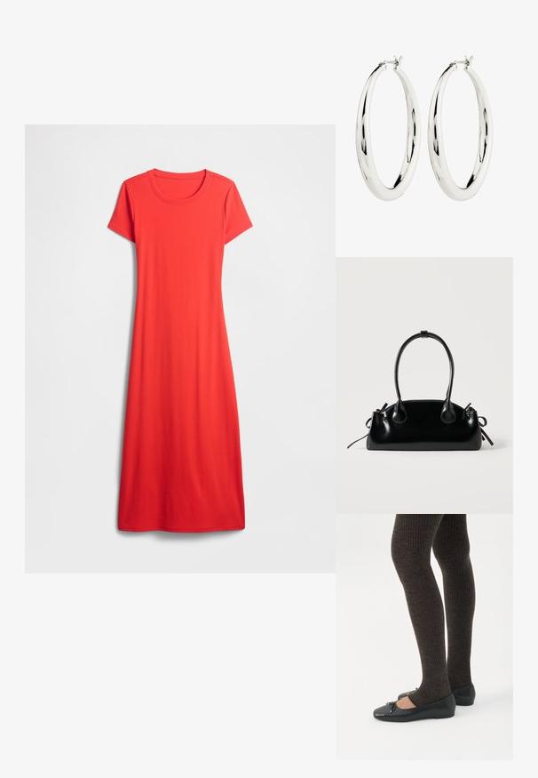 Vestido rojo de manga corta hasta la rodilla, hecho de tela suave con escote redondo y un corte holgado. Diseño sencillo y de color sólido.; Piernas con leggings oscuros acanalados combinados con bailarinas negras que presentan pequeños detalles de lazo sobre un fondo blanco.; Pequeño bolso negro brillante con dos asas largas y detalles de cordón lateral sobre un fondo claro liso.; Pendientes de aro de plata con una superficie lisa y reflectante. Forma redonda y grande con un cierre seguro en la parte superior. El acabado pulido resalta el brillo.