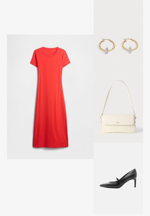Rotes, kurzärmeliges, knielanges Kleid aus glattem Stoff mit rundem Ausschnitt und lockerem Sitz. Einfaches, einfarbiges Design.; Schwarzer Leder-Pumps mit spitzer Zehenpartie, dünnem Riemen und Schnalle über dem Spann, stehend auf hellem neutralem Hintergrund.; Schultertasche aus cremefarbenem Leder mit Klappverschluss, silbernen Beschlägen, einem verstellbaren Riemen und einem dezenten Logodetail.; Paar goldfarbene Creolen mit kleinem silberfarbenem Schlaufen-Detail an jeder, vor hellem grauem Hintergrund präsentiert.