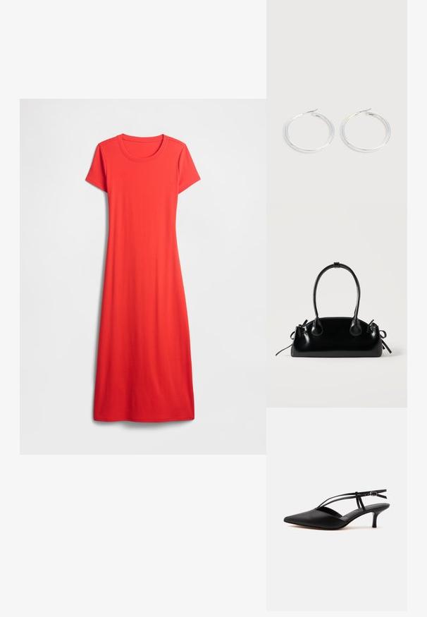 Rød, kortærmet, knælængde kjole lavet af glat stof med rund halsudskæring og løs pasform. Enkel, ensfarvet design.; Sort læder spids tå kitten heel med tynd ankelrem og spænde, slingback design, på en ensfarvet lys baggrund.; Lille sort blank håndtaske med to lange håndtag og snøre-detaljer i siden på en ensfarvet lys baggrund.; Par skinnende sølvøreringe med tynde trådlåse, vist på en lys grå baggrund.