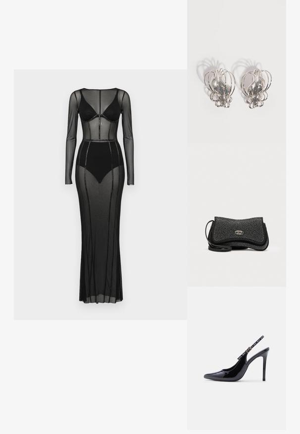 Sort mesh kjole med lange ærmer og figursyet overdel. Har gennemsigtige paneler og perleudsmykninger langs sømmene, gulvlængde design.; Sort laklæder højhælet slingback-sko med spids tå og justerbar spænde med mærke på hvid baggrund.; Sort skuldertaske lavet af tekstureret materiale med et krøllet design, sølvfarvet hardwaredetalje og en justerbar rem.; Par sølvøreringe i metal med åbent trådburdesign og glatte, centrale ovale former, der kaster buede skygger på en hvid baggrund.