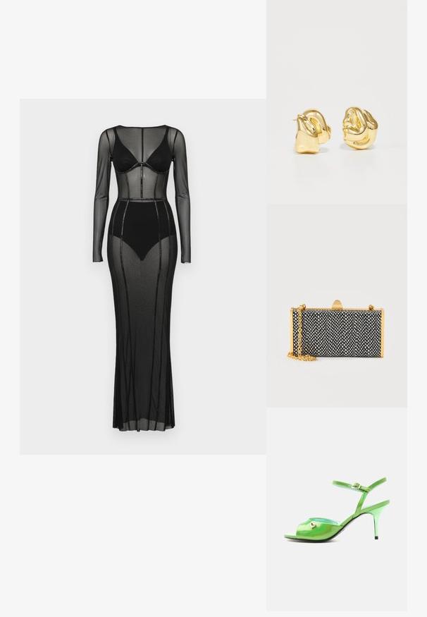 Schwarzes Mesh-Kleid mit langen Ärmeln und körpernahem Oberteil. Verfügt über transparente Einsätze und Perlenakzente entlang der Nähte, bodenlanger Schnitt.; Grüne Lackleder-Sandale mit offenem Zehenbereich, hohem Absatz, Knöchelriemen und kleiner goldener herzförmiger Verzierung vorne.; Rechteckige schwarz-weiße strukturierte Clutch mit goldenem Metallrahmen und Kettenriemen auf neutralem Hintergrund.; Goldfarbene Metall-Stifte mit einem skulpturalen, gedrehten Design. Glatte, glänzende Oberfläche mit runder Form und ohne sichtbare Verzierungen.