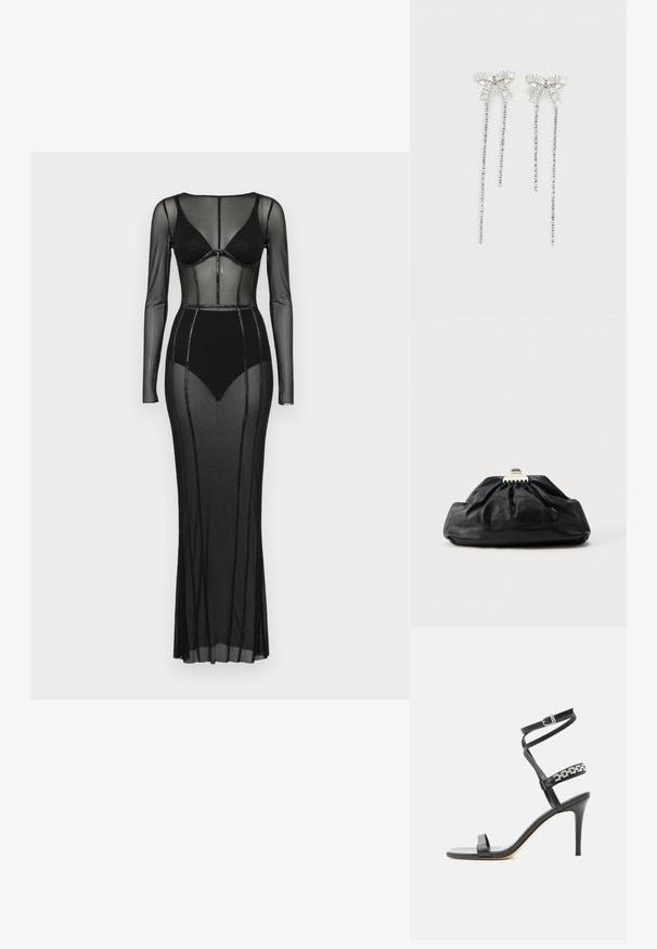 Sort mesh kjole med lange ærmer og figursyet overdel. Har gennemsigtige paneler og perleudsmykninger langs sømmene, gulvlængde design.; Sort højhælet sandal med tynd ankelrem, midtfodsrem dekoreret med sølvkædeled og åben tå-design.; Sort læderclutch med en samlet tekstur, metal lukning og diskret præget logo på forsiden. Rundet form.; Lange sølvøreringe med en klynge af rhinsten øverst og hængende tråde af mindre rhinsten nedenunder.