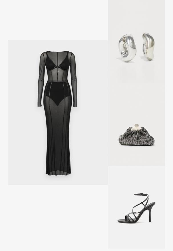 Schwarzes Mesh-Kleid mit langen Ärmeln und körpernahem Oberteil. Verfügt über transparente Einsätze und Perlenakzente entlang der Nähte, bodenlanger Schnitt.; Schwarze High-Heel-Sandale mit dünnen Riemen, einem Knöchelverschluss, einer glatten Lederoberfläche und einem schlanken Stiletto-Absatz.; Schwarze und silberne Glitzertasche mit gerafftem Design. Metallverschluss mit glatter, abgerundeter Form und strukturierter Oberfläche.; Silberne skulpturale Ohrringe mit glatten, geschwungenen Formen und reflektierenden Oberflächen. Sie verfügen über ein geschlossenes Ringdesign und eine ausgeprägte organische Form.