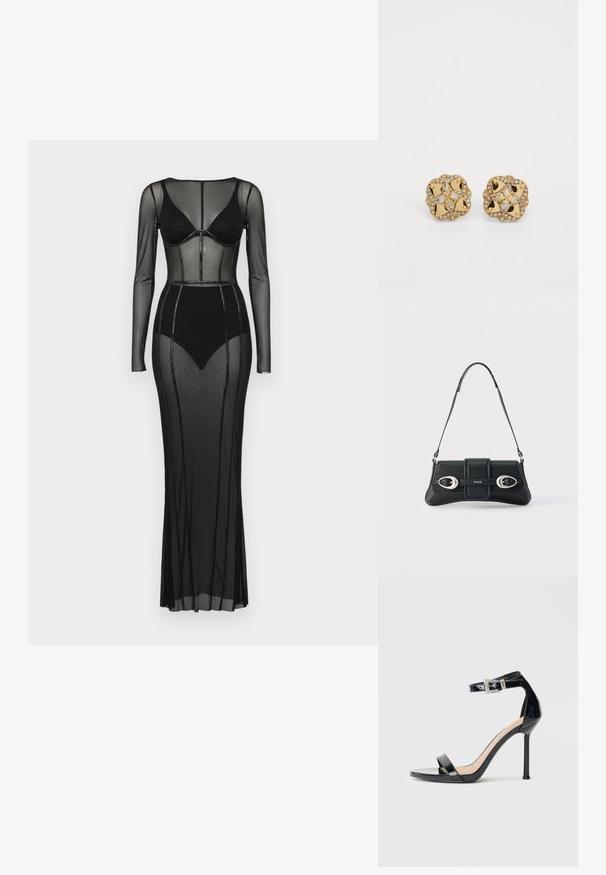 Schwarzes Mesh-Kleid mit langen Ärmeln und körpernahem Oberteil. Verfügt über transparente Einsätze und Perlenakzente entlang der Nähte, bodenlanger Schnitt.; Schwarzer Riemchensandale aus Lackleder mit hohem Absatz und Knöchelriemen. Verfügt über ein minimalistisches Design, offene Zehenpartie und eine Schnalle mit Strassakzenten.; Schwarze Leder-Schultertasche mit zwei silbernen Schnallen und verstellbarem Riemen, mit "HUGO"-Logo in der Mitte der Vorderseite.; Goldfarbene Ohrstecker mit floralen Motiven, klaren Kristallen und aufwendigen Verzierungen am Rand. Quadratische Form.