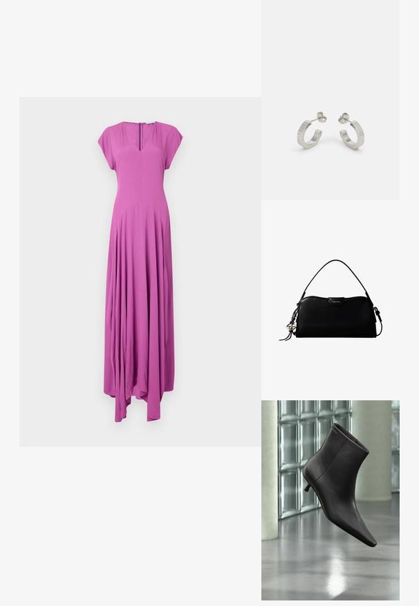 Langes, ärmelloses Kleid in lebhaftem Pink. Aus weichem Stoff mit lockerer Passform, verfügt über einen V-Ausschnitt und einen fließenden, gerafften Rock.; Schwarzer Leder-Knöchelstiefel mit spitzer Spitze und kleinem Absatz vor einer Wand aus Glasbausteinen und einem polierten Boden.; Schwarze, rechteckige Calvin Klein Handtasche mit einem einzelnen Tragegriff oben, silbernem Logo-Anhänger und kleinem Klappverschluss auf der Vorderseite.; Silberne Metall-Hoops mit strukturiertem Design, ausgestattet mit einem kleinen Steckverschluss und Branding an einem Hoop. Abgerundete Form mit glänzender Oberfläche.