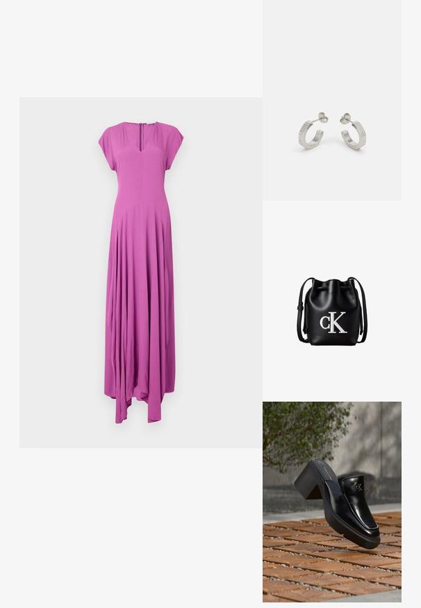 Lang, ærmeløs kjole i en livlig pink farve. Fremstillet af blødt stof med en afslappet pasform, har den en V-udskæring og en flydende, samlede nederdel.; Sort læder Calvin Klein slip-on mule med blokhæl, der hviler på trætøj udendørs nær en grøn plante og en grå væg.; Sort læder bucket taske med snørelukning på toppen og hvidt "cK" logo foran, med justerbar skulderrem.; Sølv metal hoop øreringe med et tekstureret design, der har en lille post bagpå og branding på en af øreringene. Rund form med en poleret overflade.