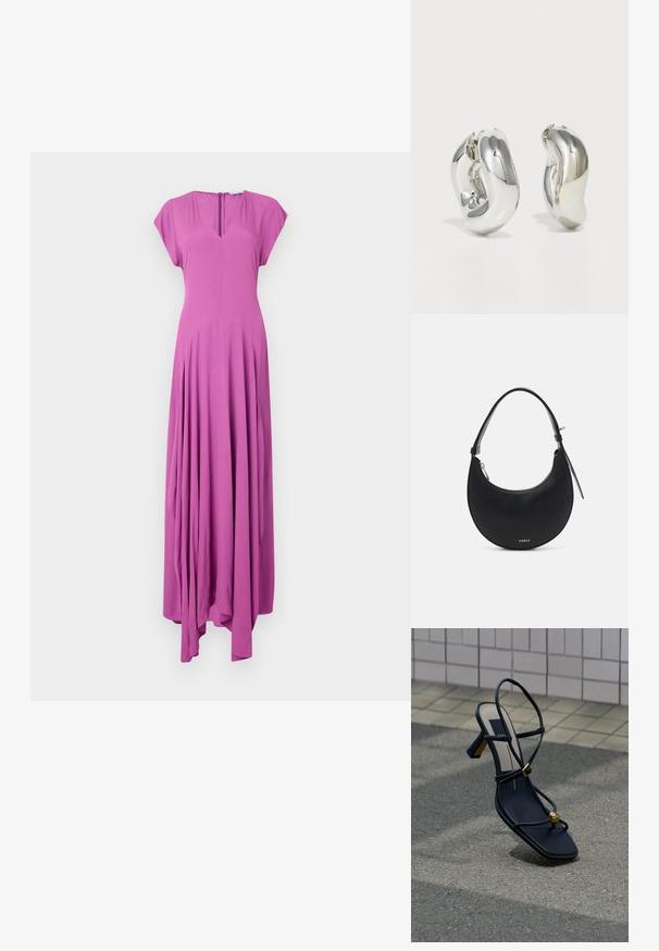 Lang, ærmeløs kjole i en livlig pink farve. Fremstillet af blødt stof med en afslappet pasform, har den en V-udskæring og en flydende, samlede nederdel.; Sort hællet sandal med stropper, firkantet tå, guldfarvet spænde og guldkugledekoration på tåstroppen, placeret på asfalt nær flisebelagt væg.; Sort læder skuldertaske med en buet form, lynlåslukning og detaljer i guld-tone. Har et logo på forsiden og en slank rem.; Sølvskulpturelle øreringe med glatte, buede former og reflekterende overflader. Har et lukket hoop-design og en markant organisk form.