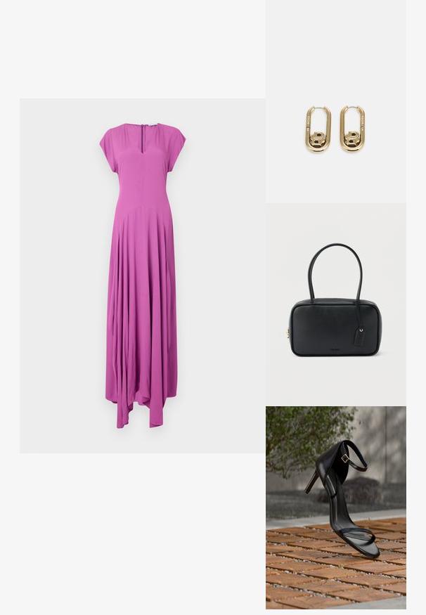 Langes, ärmelloses Kleid in lebhaftem Pink. Aus weichem Stoff mit lockerer Passform, verfügt über einen V-Ausschnitt und einen fließenden, gerafften Rock.; Schwarze Sandalette mit hohem Absatz und Knöchelriemen schwebt über einem Holzboden im Freien vor verschwommenem Grün und Steinhintergrund.; Schwarze rechteckige Handtasche mit doppelten, abgerundeten Griffen, goldfarbenem Reißverschluss und geprägtem „HUGO“-Logo auf der Vorderseite sowie angebrachtem Lederanhänger.; BOSS DOUBLE B SWING - Ohrringe - gold-coloured