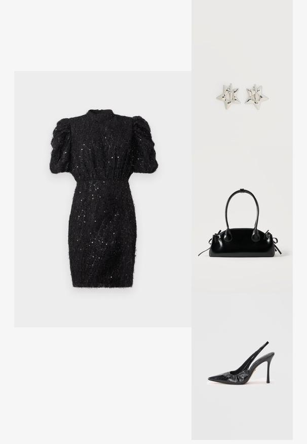 Sort tekstureret kjole med puffede ærmer, højt halsudskæring og tætsiddende talje. Har diskrete palietter, der tilføjer et glitrende detalje.; Sorte læder slingback stiletter med spids tå, samlede tekstur foran og en høj stilettohælh.; Lille sort blank håndtaske med to lange håndtag og snøre-detaljer i siden på en ensfarvet lys baggrund.; Sølv stjerneformede øreringe med en glat, poleret finish på en ensfarvet hvid baggrund.