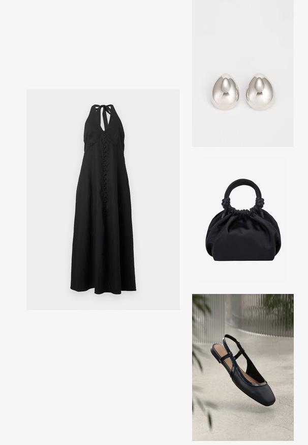 Robe maxi noire à col halter avec des boutons recouverts de tissu à l'avant et une silhouette en A.; Chaussure plate slingback en cuir noir avec un orteil carré, dotée d'un fini verni brillant et de sangles ajustables pour un maintien sécurisé.; Sac à main en tissu noir doux avec haut froncé et poignées circulaires rembourrées nouées de chaque côté.; Boucles d'oreilles en métal argenté avec un design lisse et arrondi ressemblant à la forme d'une goutte d'eau, présentant une surface réfléchissante et une finition sans couture.
