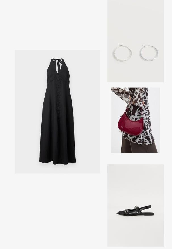 Μαύρο μάξι φόρεμα με halter neck, με μπροστινά κουμπιά καλυμμένα με ύφασμα και σιλουέτα τύπου Α.; Even&Odd by Zalando Μπαλαρίνες slingback - black; Γυναίκα που φοράει μια μπλούζα με μαύρο-άσπρο μοτίβο κρατάει μια γυαλιστερή κόκκινη τσάντα ώμου σε απλό φόντο.; Ασημένια μεταλλικά σκουλαρίκια κρίκοι με λεία, ελαφρώς κυρτή επιφάνεια και κλειδαριά τύπου latch-back σε απλό λευκό φόντο.