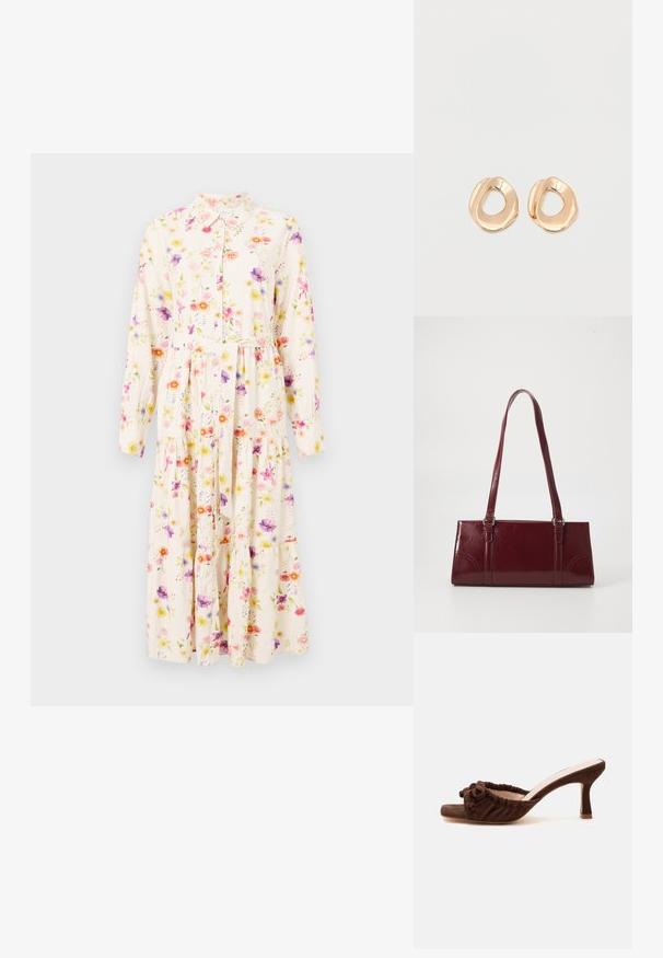 Λουλουδάτο φόρεμα με μακριά μανίκια, γιακά, κουμπωτή μπροστινή πλευρά και φόρεμα με στρώσεις. Το ύφασμα έχει παστέλ λουλουδάτο μοτίβο σε κρεμ φόντο.; Καφέ σουέντ mule με ανοιχτό δάχτυλο, μαζεμένο μπροστινό λουράκι και μεσαίο λεπτό τακούνι σε μονόχρωμο φόντο.; Μπορντό τσάντα ώμου από γυαλιστερό υλικό, ορθογώνιο σχήμα, με δύο ιμάντες ώμου και λεπτές καμπύλες λεπτομέρειες στο μπροστινό μέρος.; Ζευγάρι σκουλαρικιών κρίκος από μέταλλο σε χρυσή απόχρωση με γυαλιστερό φινίρισμα και ακανόνιστο σχήμα, με ανοιχτό κέντρο, σε λευκό απλό φόντο.