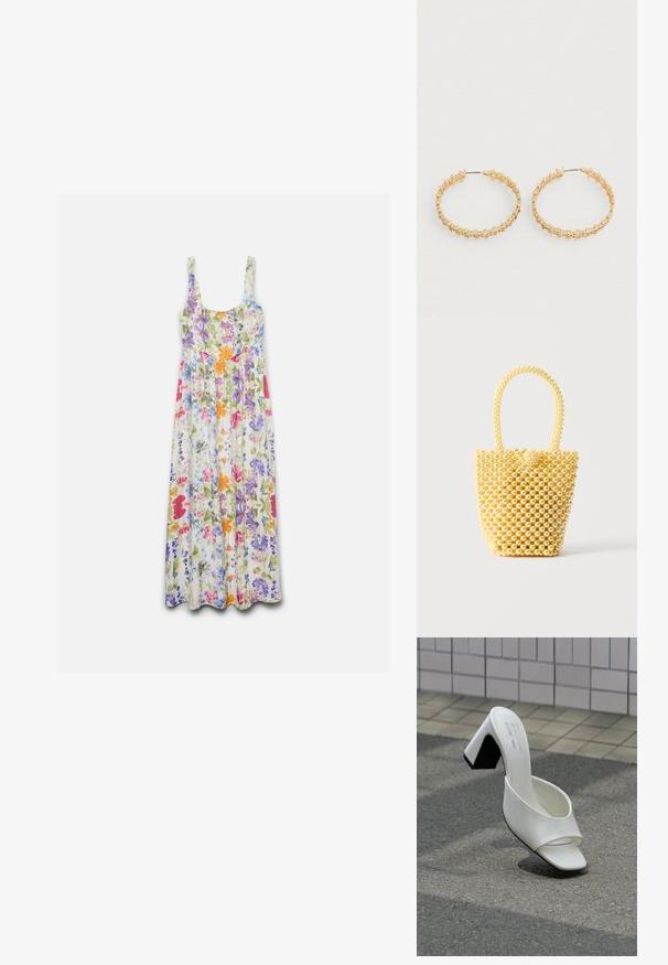 Robe maxi sans manches avec encolure ronde, présentant un motif floral coloré en rose, violet, orange, bleu et vert sur fond blanc.; Une mule blanche à bout ouvert avec talon bloc posée sur un bitume gris devant un mur carrelé.; Petit sac à main style bocal fait de perles crème brillantes avec une anse en perles bouclée et une fermeture décorative avec un nœud de perles.; Boucles d'oreilles créoles en or avec un design texturé orné de petites perles rondes sur le bord extérieur. Légères avec une fermeture sécurisée.
