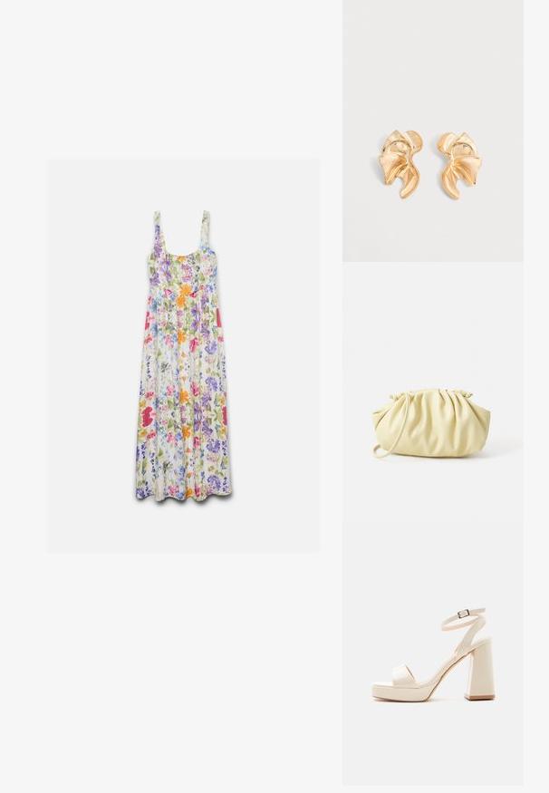 Mouwloze maxi-jurk met ronde hals, met een kleurrijk bloemmotief in roze, paars, oranje, blauw en groen op een witte achtergrond.; Beige plateauzandalen met dikke blokhak, open teen en enkelbandje met metalen gesp op witte achtergrond.; Geel geplooide handtas van soepel nepleer, met een zachte vorm, een enkele schouderriem en een verzameld ontwerp aan de bovenkant.; Paar abstract gevormde glanzende gouden metalen oorbellen met een gebogen, geplooid ontwerp op een lichtgrijze achtergrond.