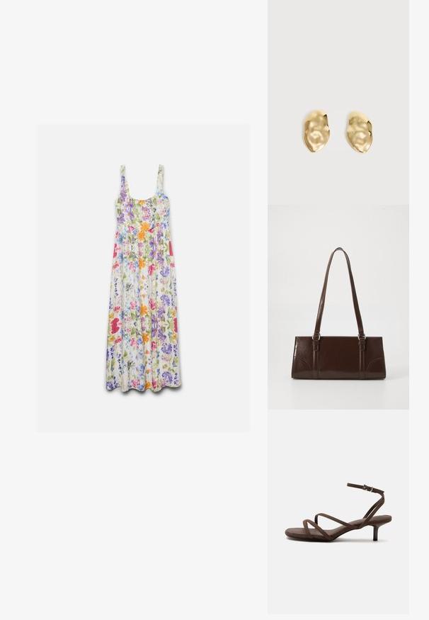 Vestido maxi sin mangas con escote redondo, con un estampado floral colorido en rosa, morado, naranja, azul y verde sobre fondo blanco.; Sandalia marrón de tacón alto con tiras finas cruzadas y una correa en el tobillo con una hebilla plateada sobre un fondo blanco.; Bolso de mano de piel sintética marrón con forma rectangular, dos asas largas y sutiles acentos curvados en la parte delantera.; Par de pendientes de metal dorado brillante, con forma irregular y superficie arrugada y lisa sobre un fondo claro y sencillo.