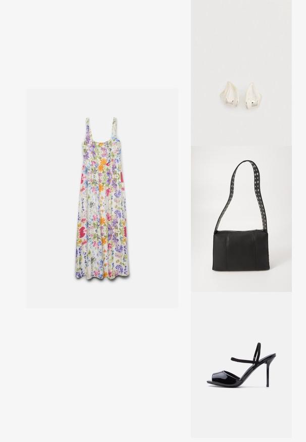 Robe maxi sans manches avec encolure ronde, présentant un motif floral coloré en rose, violet, orange, bleu et vert sur fond blanc.; Sandale à talon haut en cuir verni noir, bout ouvert, avec fines lanières à la cheville et sur le cou-de-pied, sur un fond clair uni.; Sac à main en cuir noir de forme rectangulaire, doté d'une fermeture éclair et d'une bandoulière à pois. Texture lisse, détails de couture minimaux.; Boucles d'oreilles ton argent avec une forme organique lisse en goutte d'eau. Surface polie avec une courbure subtile et sans ornements visibles.