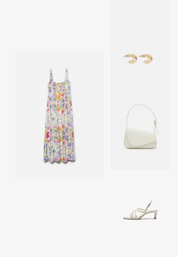 Robe maxi sans manches avec encolure ronde, présentant un motif floral coloré en rose, violet, orange, bleu et vert sur fond blanc.; Zign by Zalando Escarpins - off white; Sac à main en cuir synthétique blanc avec une forme triangulaire structurée, une bandoulière unique réglable et un rabat à courbes accentuées.; Boucles d'oreilles en forme de croissant en or avec une finition lisse, présentant des accents orange près du clou et un matériel en argent.